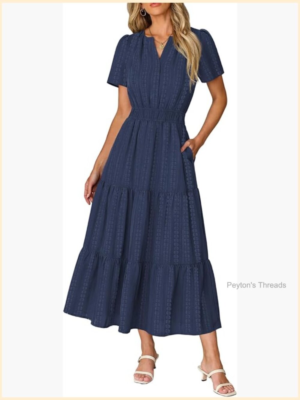 Short Sleeve V Neck Elastic Waist Maxi Dress with Pockets